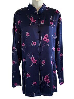 Emma James Women Silk Tunic Mandarin Nehru Collared Long Sleeve Button Up 16 L